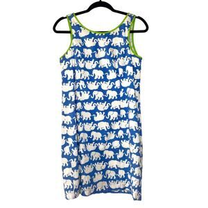 Lilly Pulitzer Tusk in the Sun Shift Dress Elephants Blue White Green Piping